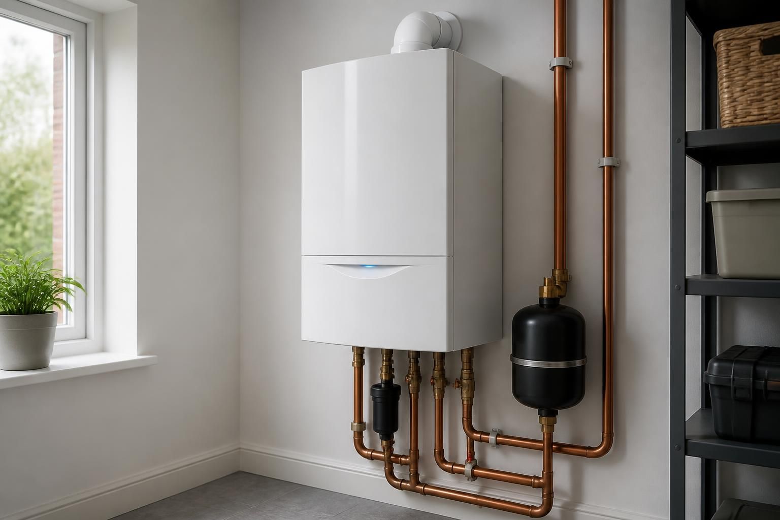 Finished boiler installation in a clean utility room.