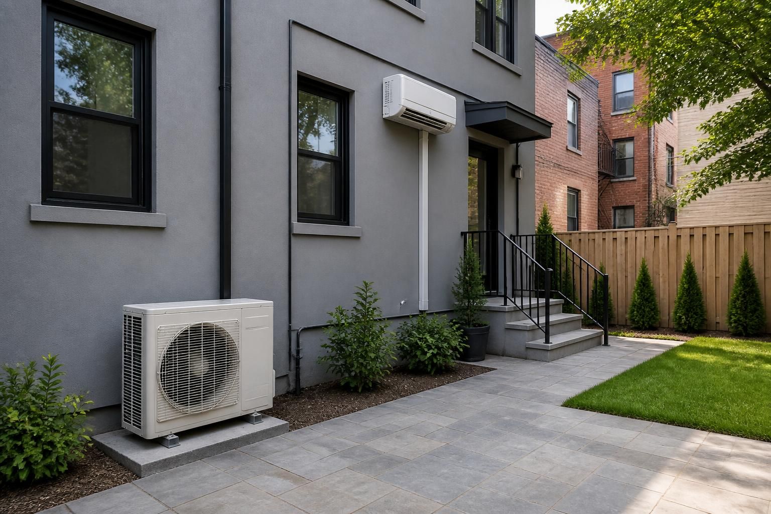 Modern Bronx home exterior with neatly installed HVAC equipment.
