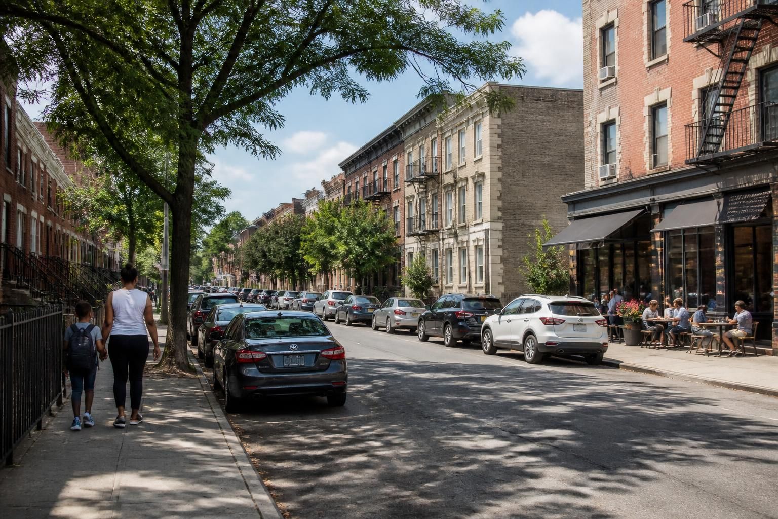 Bronx neighborhood streetscape with residential buildings and storefronts.
