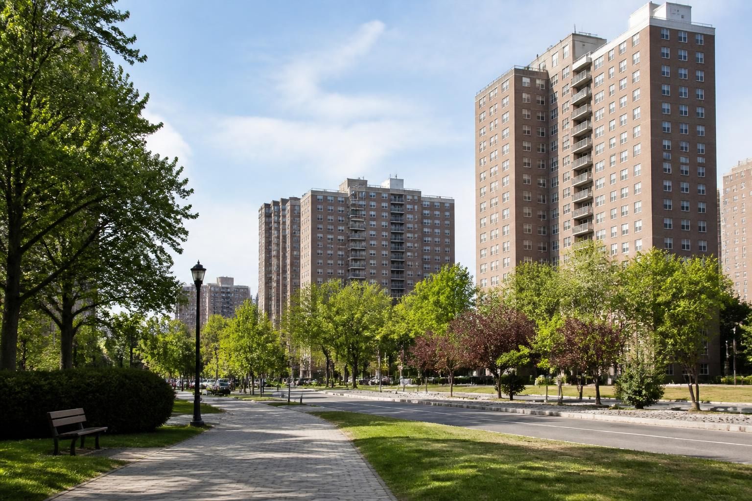 Co-op City high-rise residential buildings and open streets.