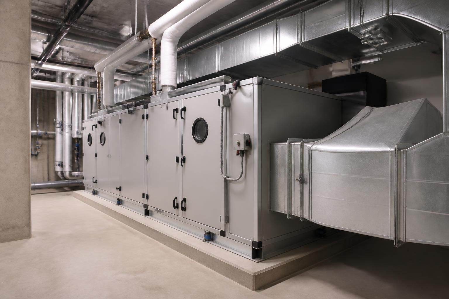 Clean commercial mechanical room with organized HVAC equipment.