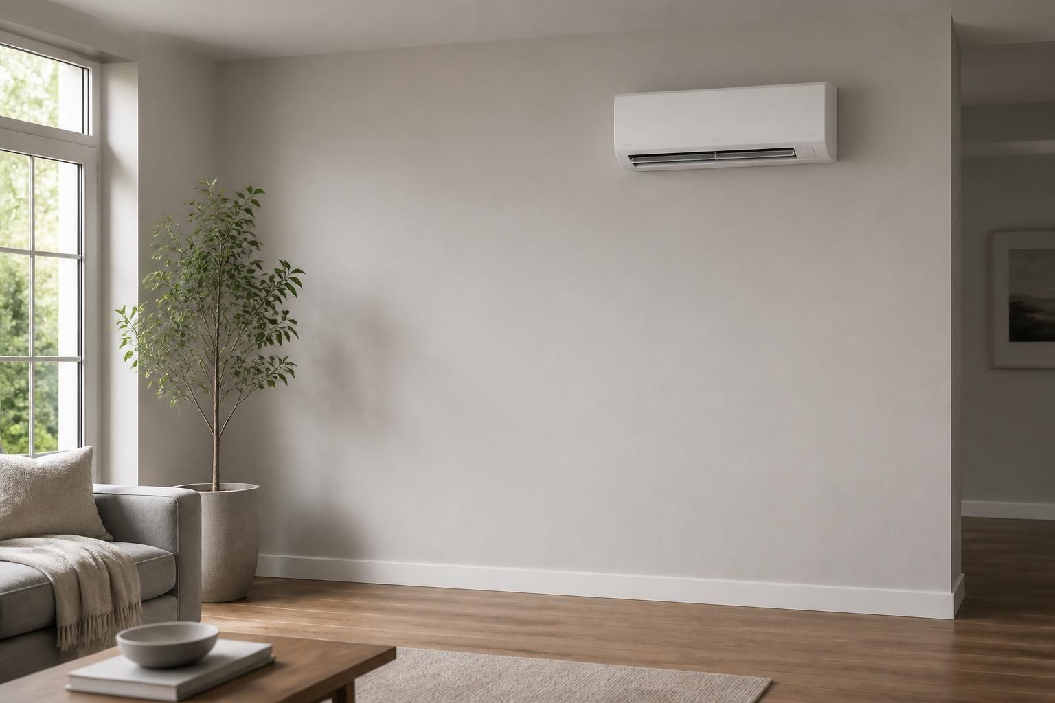 Clean interior with a modern installed wall HVAC unit.