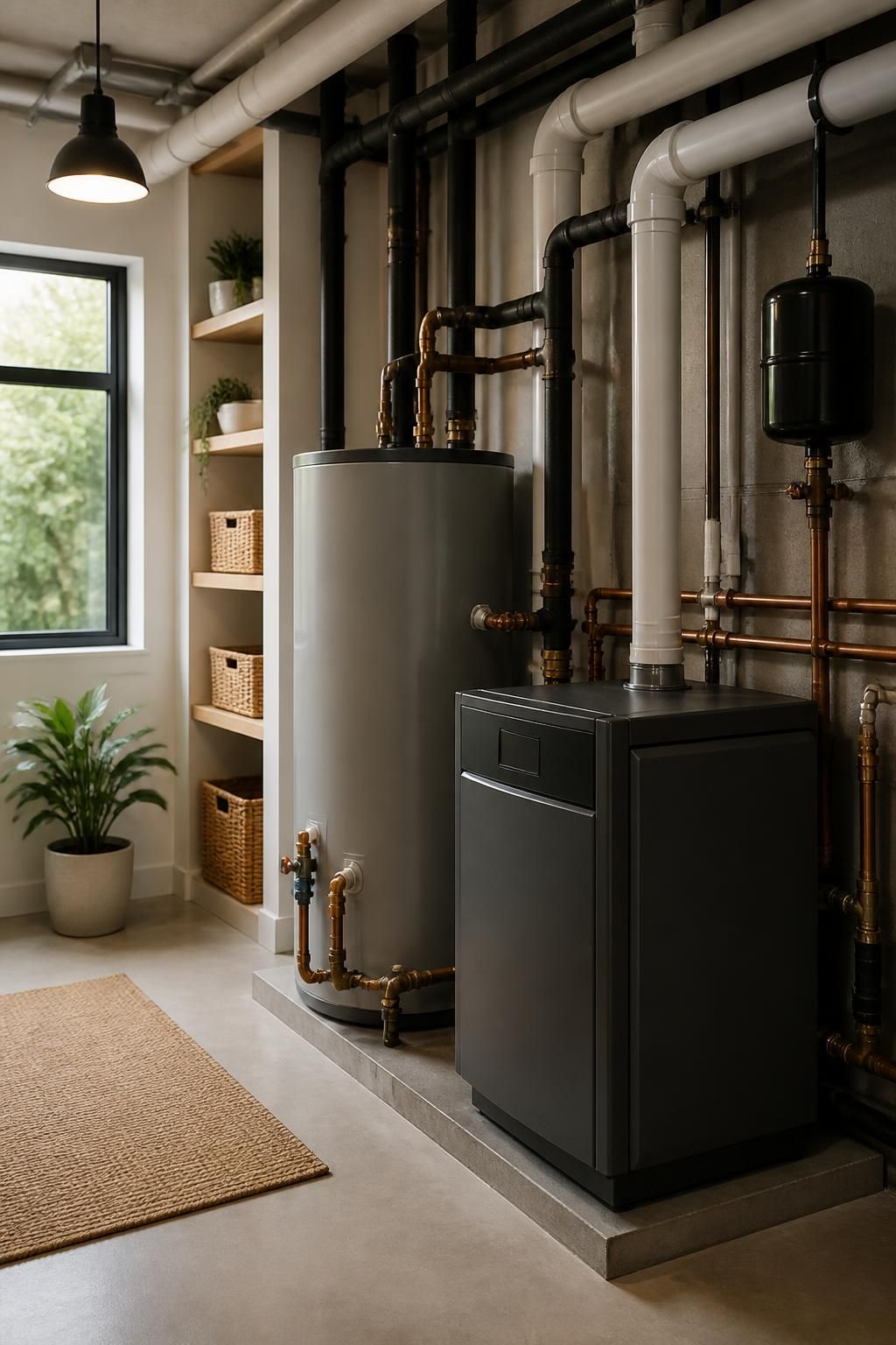 Clean mechanical room with furnace and boiler installation.