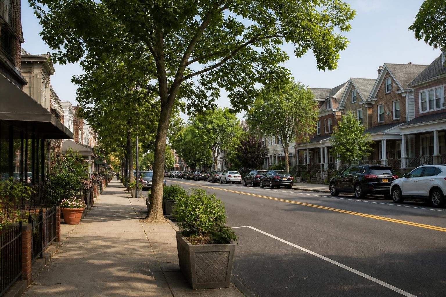 Morris Park street with classic homes and small businesses.