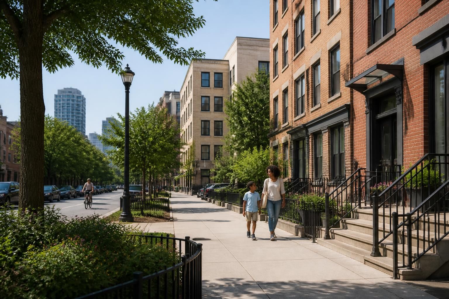 Mott Haven streetscape with renovated brick buildings.
