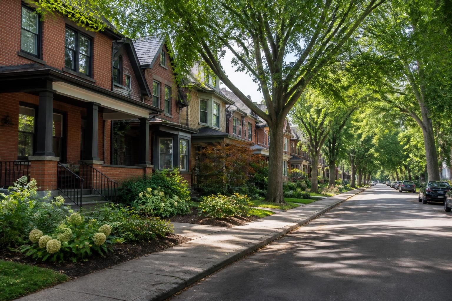 Tree-lined Riverdale street with well-kept homes.