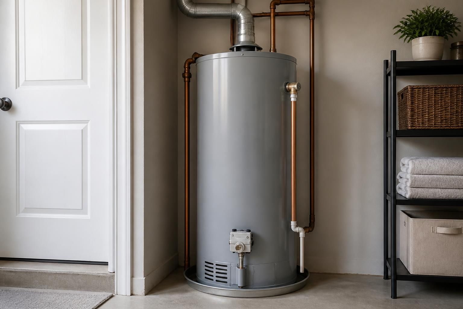 Finished water heater installation in a tidy utility area.